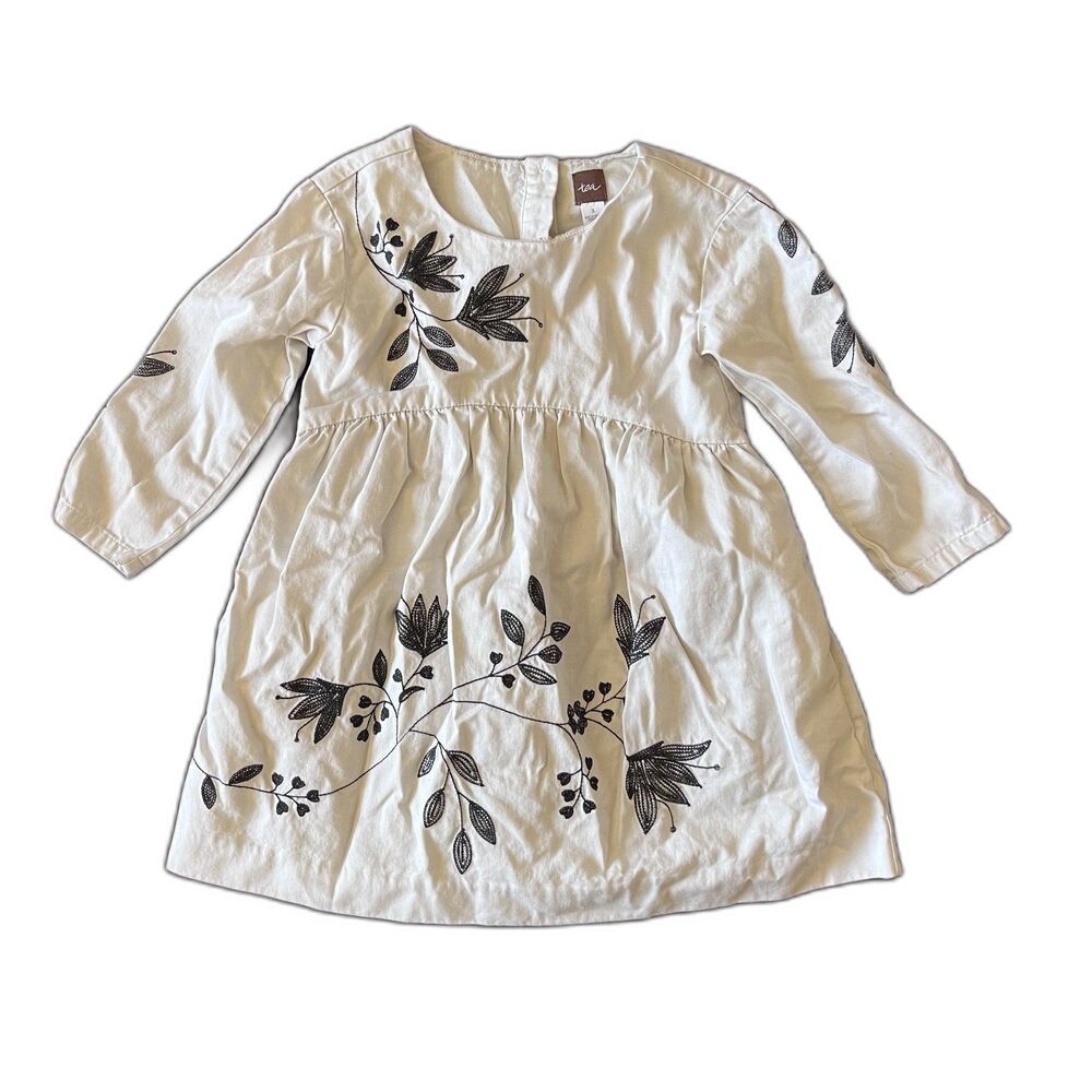 Tea Collection 3T Ivory Black Embroidered Floral Cotton Dress Boho